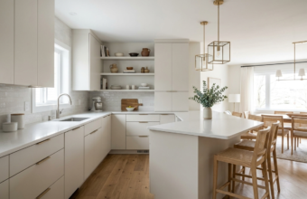 Modern cream U-shaped kitchen with peninsula, open shelves, wood stools, brass pendants, and open dining area.