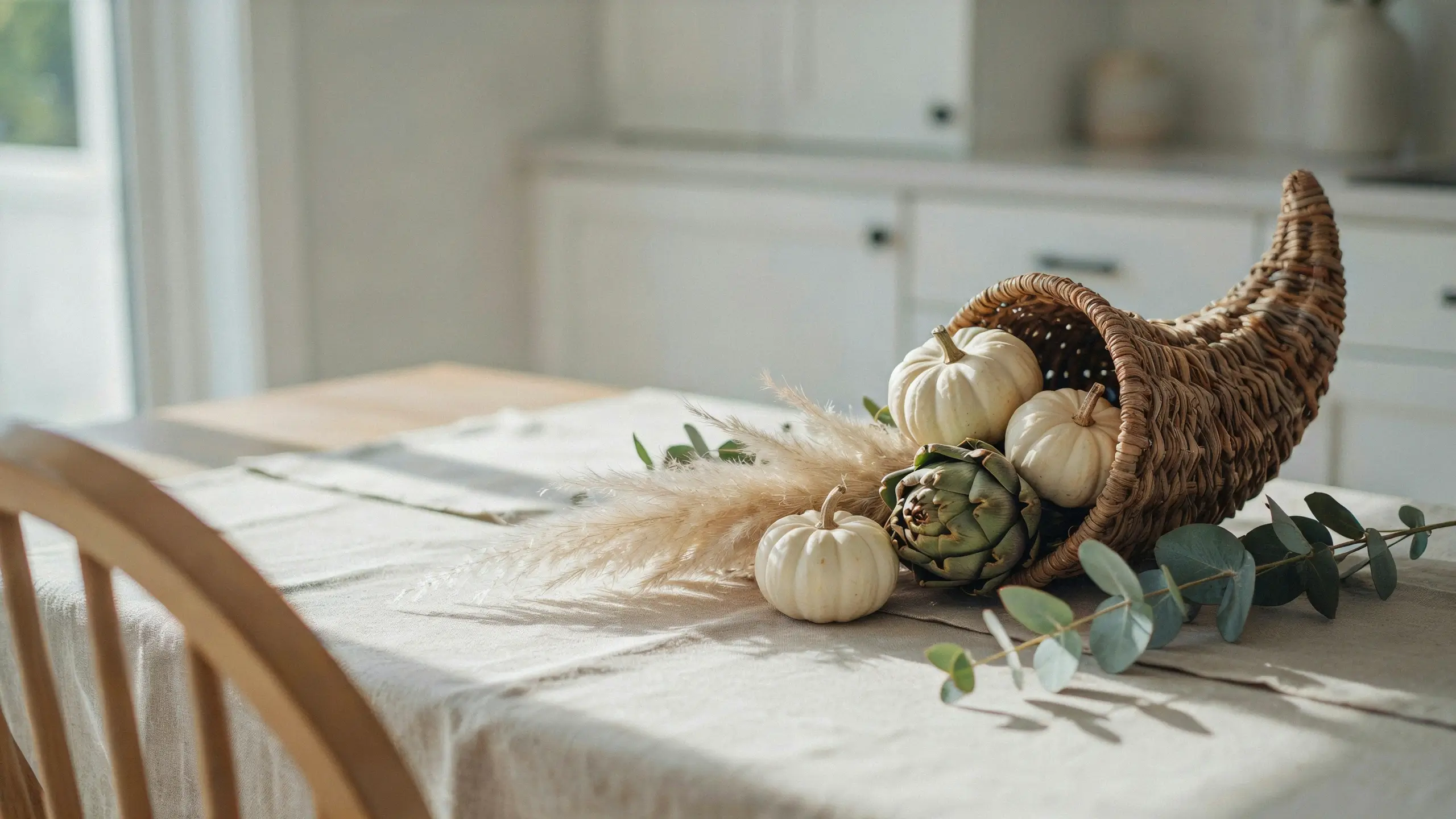 Wicker cornucopia centerpiece with white mini pumpkins, fresh green artichoke, dried pampas grass, and eucalyptus resting on a linen tablecloth in a sunlit white kitchen.