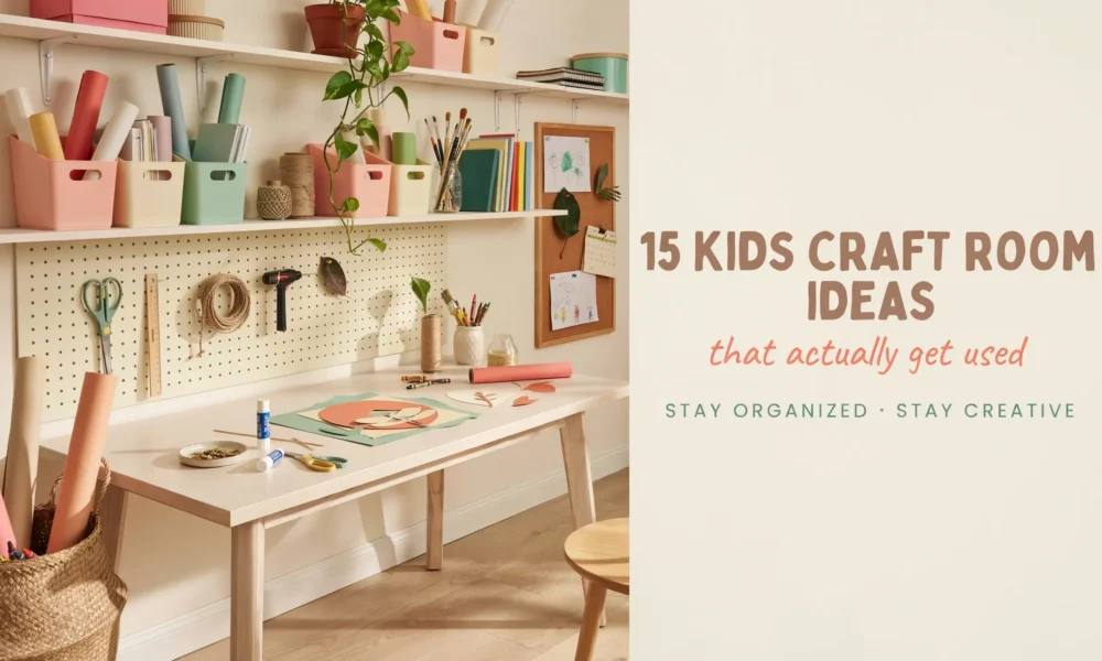 A bright, organized kids craft room featuring a white wooden table, a wall-mounted pegboard with scissors and tape, and floating shelves with pastel pink and green storage bins for paper and art supplies, with a corkboard displaying children's artwork.