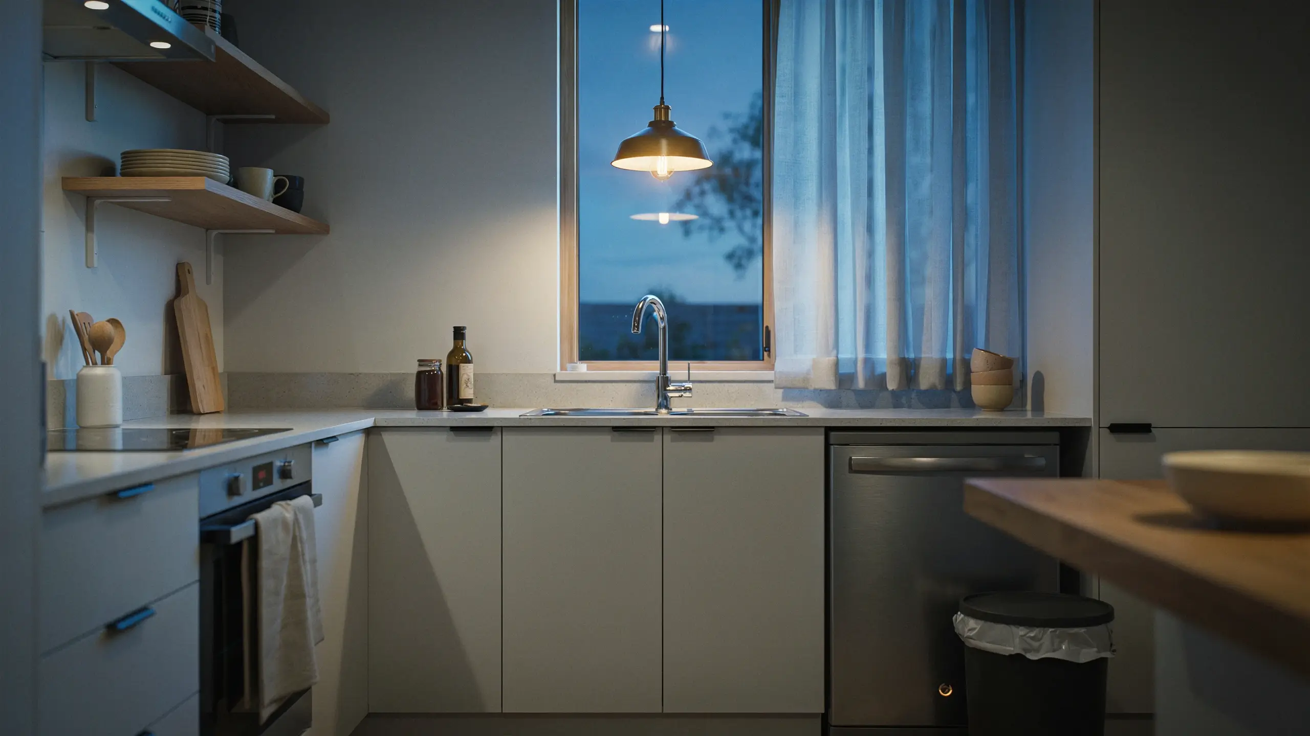 Clean modern minimalist kitchen at dusk with warm pendant light over stainless steel sink, showcasing organized countertops and tidy utensils ready for bedtime