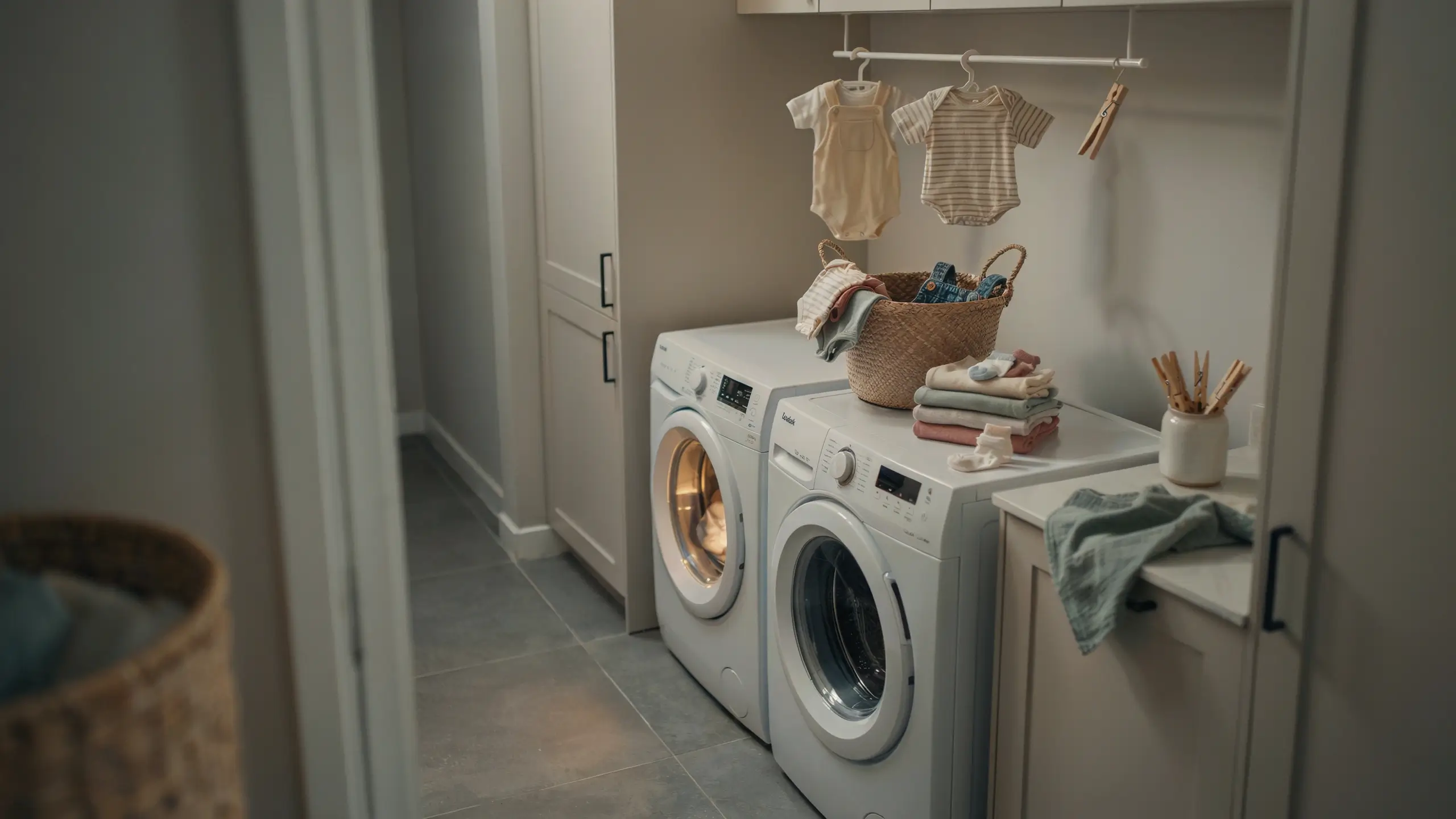 Two white washing machines in a tidy laundry room with neat stacks of folded clothes and a hanging onesie, illustrating small frequent loads