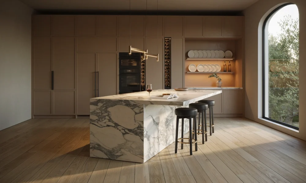 Modern luxury kitchen with marble waterfall island, taupe cabinets, arched window, and black stools