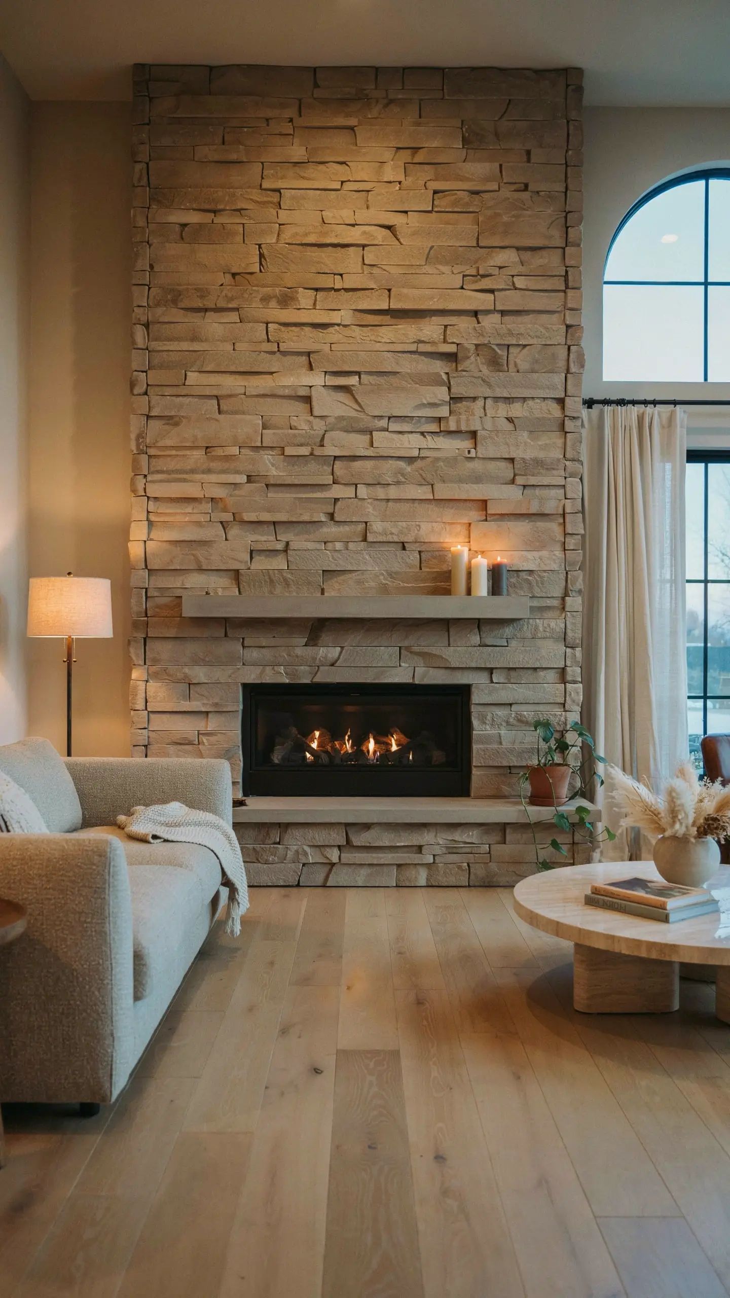 A cozy modern living room featuring a tall, floor-to-ceiling stacked stone veneer accent wall fireplace with a black firebox, a wooden floating mantel decorated with lit pillar candles, a beige boucle sofa, and a round coffee table with pampas grass. 