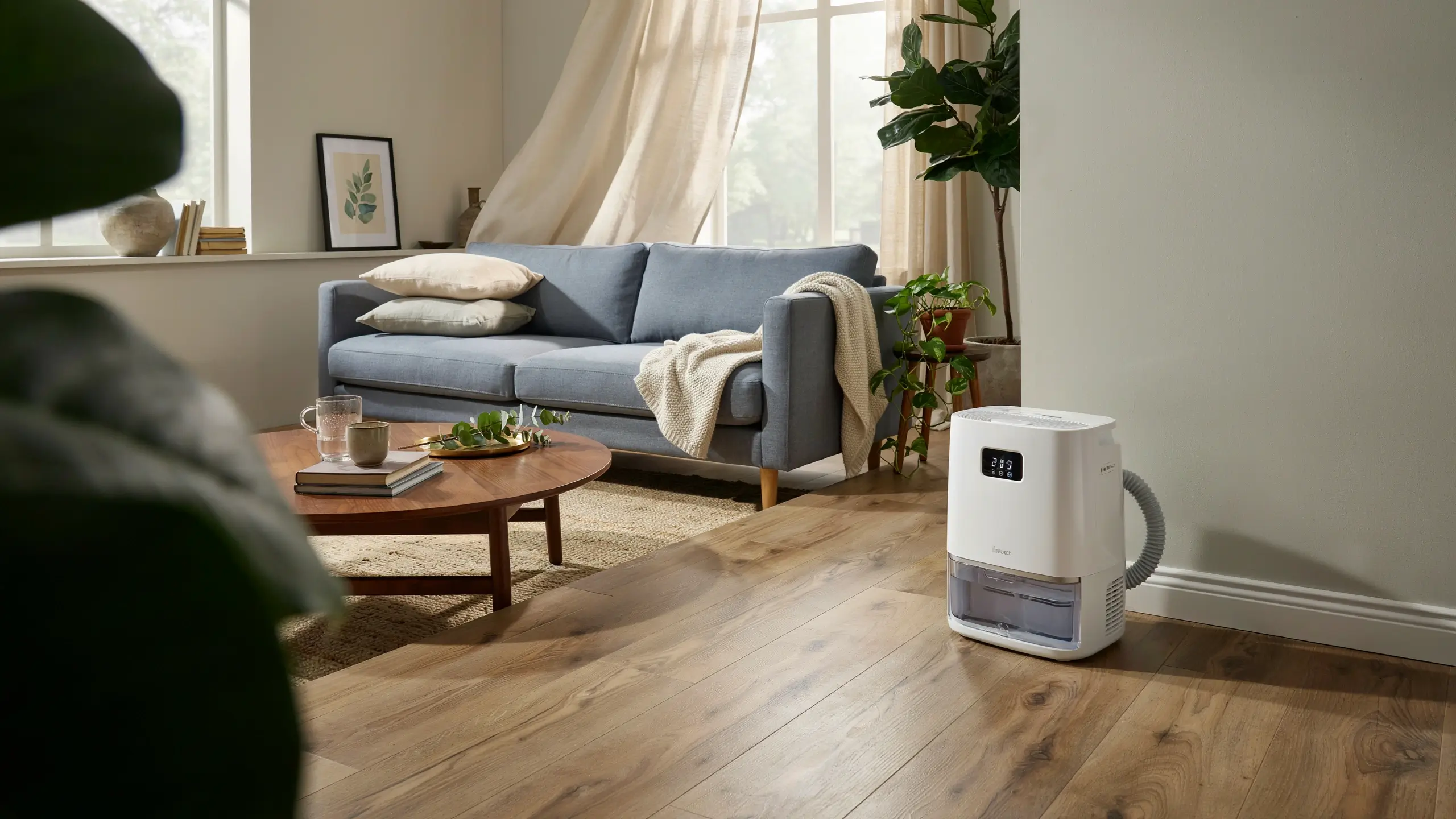 Modern white portable dehumidifier with clear water tank placed on a light wood floor in a bright living room with a blue sofa and indoor plants. 
