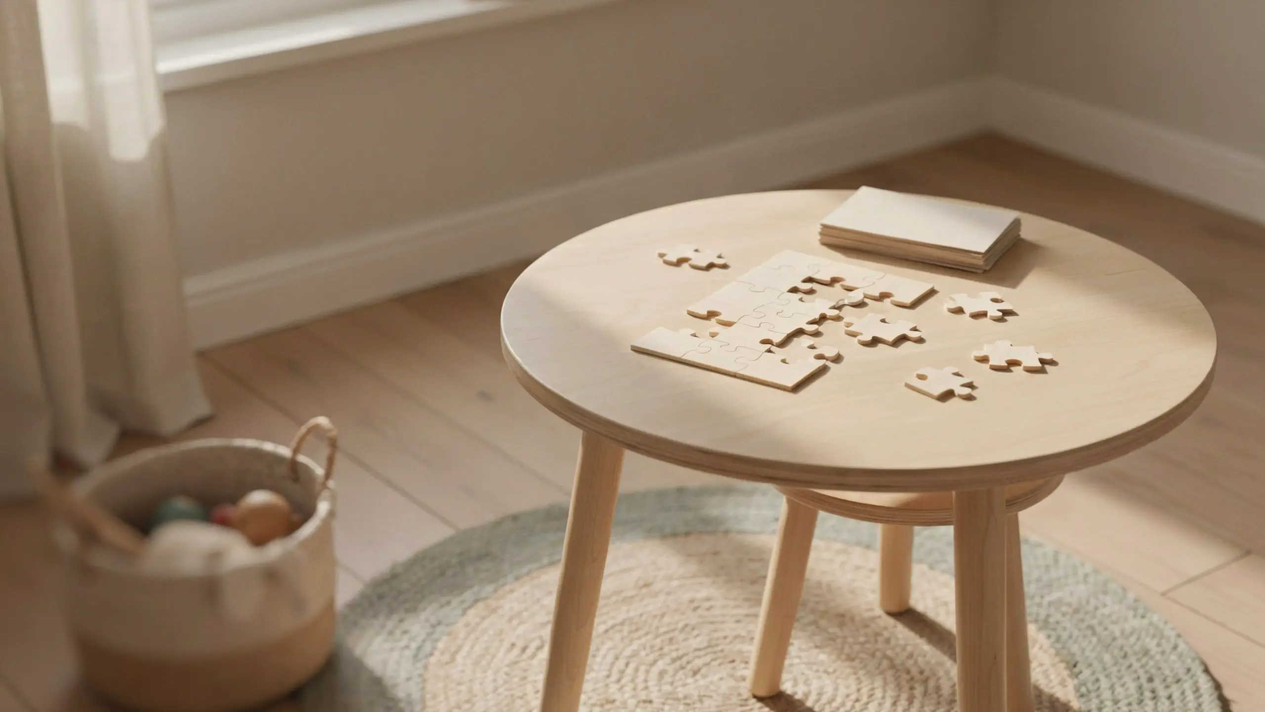 Round light-wood Montessori toddler table with interlocking wooden puzzle pieces in a sunlit playroom. 