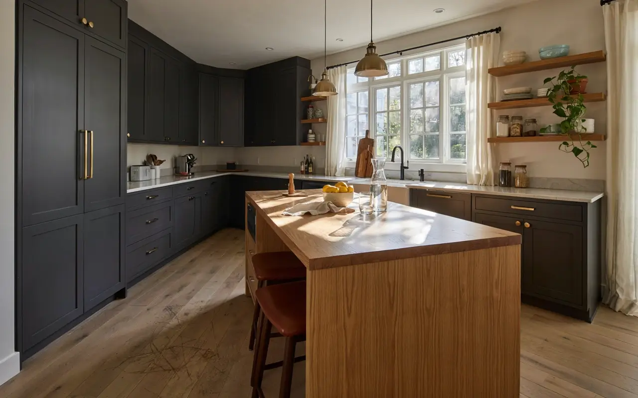 Moody charcoal L-shaped kitchen balanced with a warm wood island, brass hardware, open shelves, and natural window light.