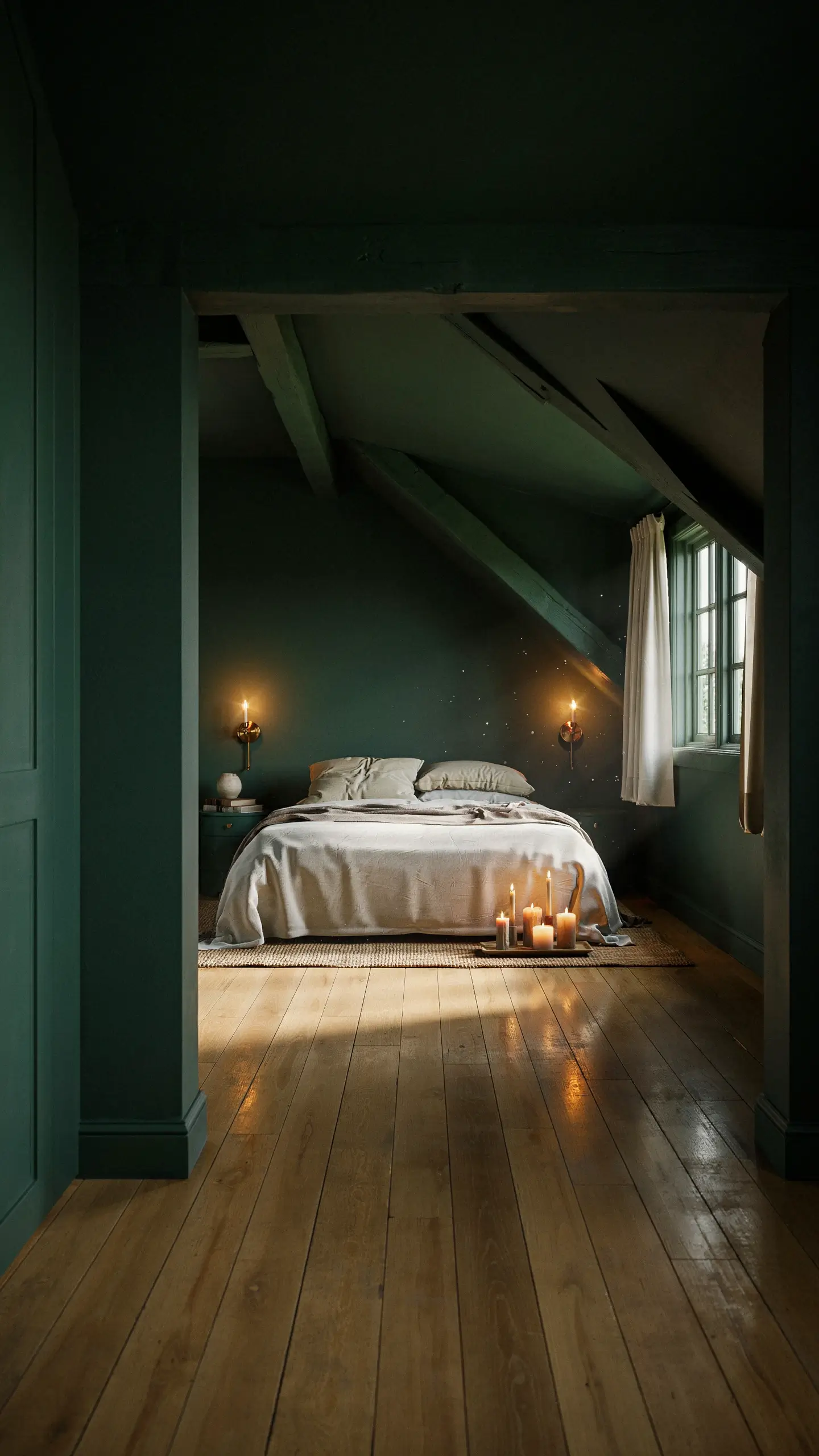 Cozy dark green attic bedroom with exposed wooden beams, warm candlelight, and soft linen bedding.