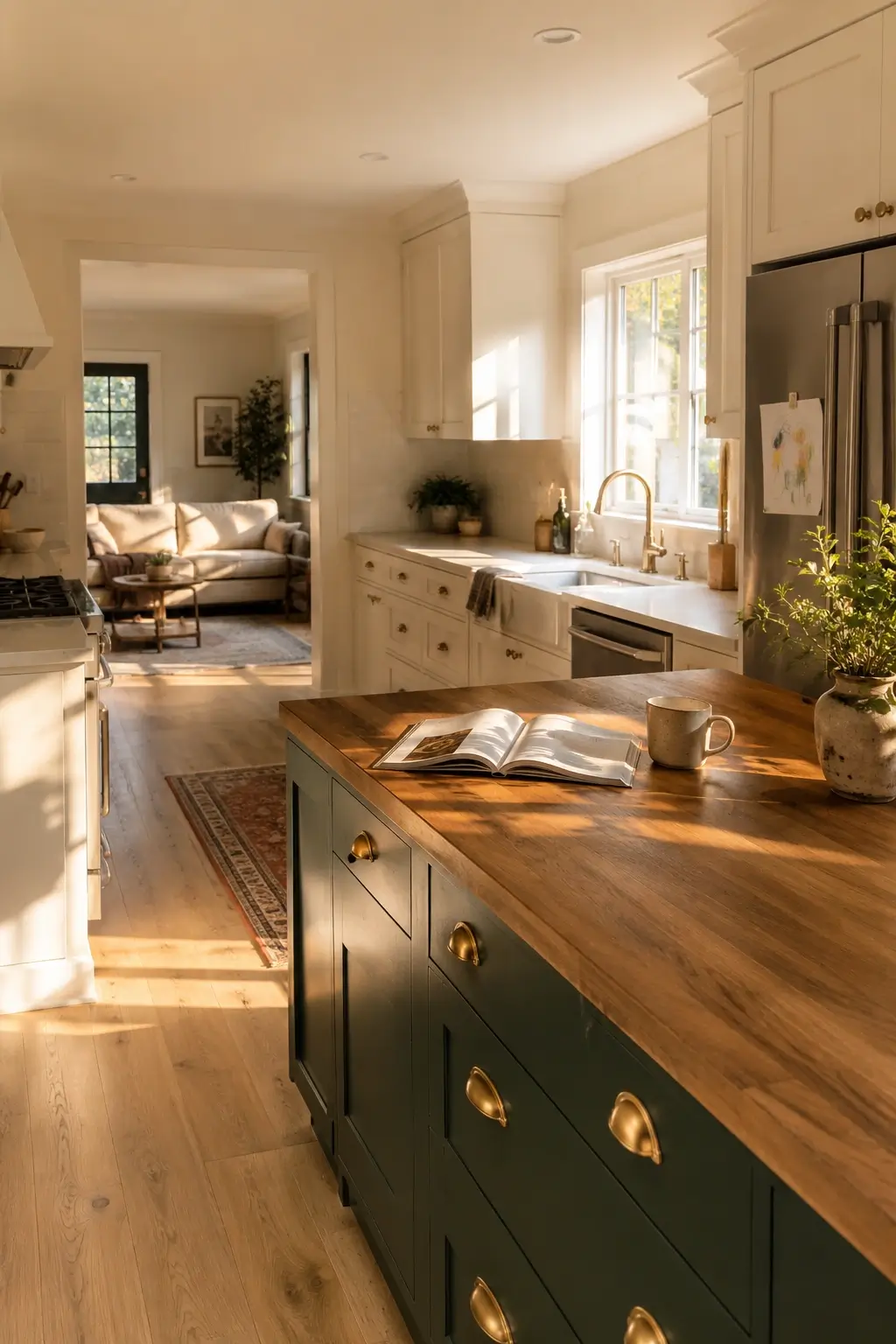 Moody green kitchen island with butcher block top anchoring a warm white open-plan kitchen.