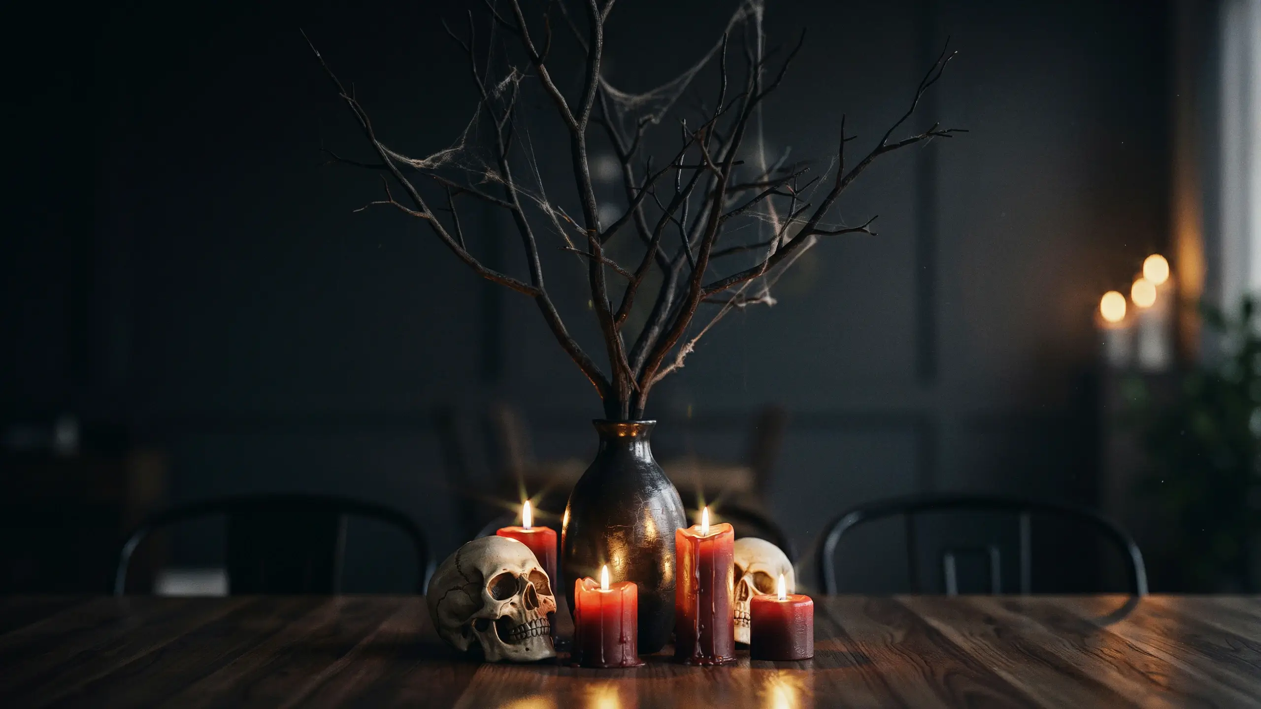 A moody Halloween table centerpiece featuring black bare branches covered in spiderwebs, arranged in a dark vase alongside realistic skulls and glowing red pillar candles on a wooden table. 