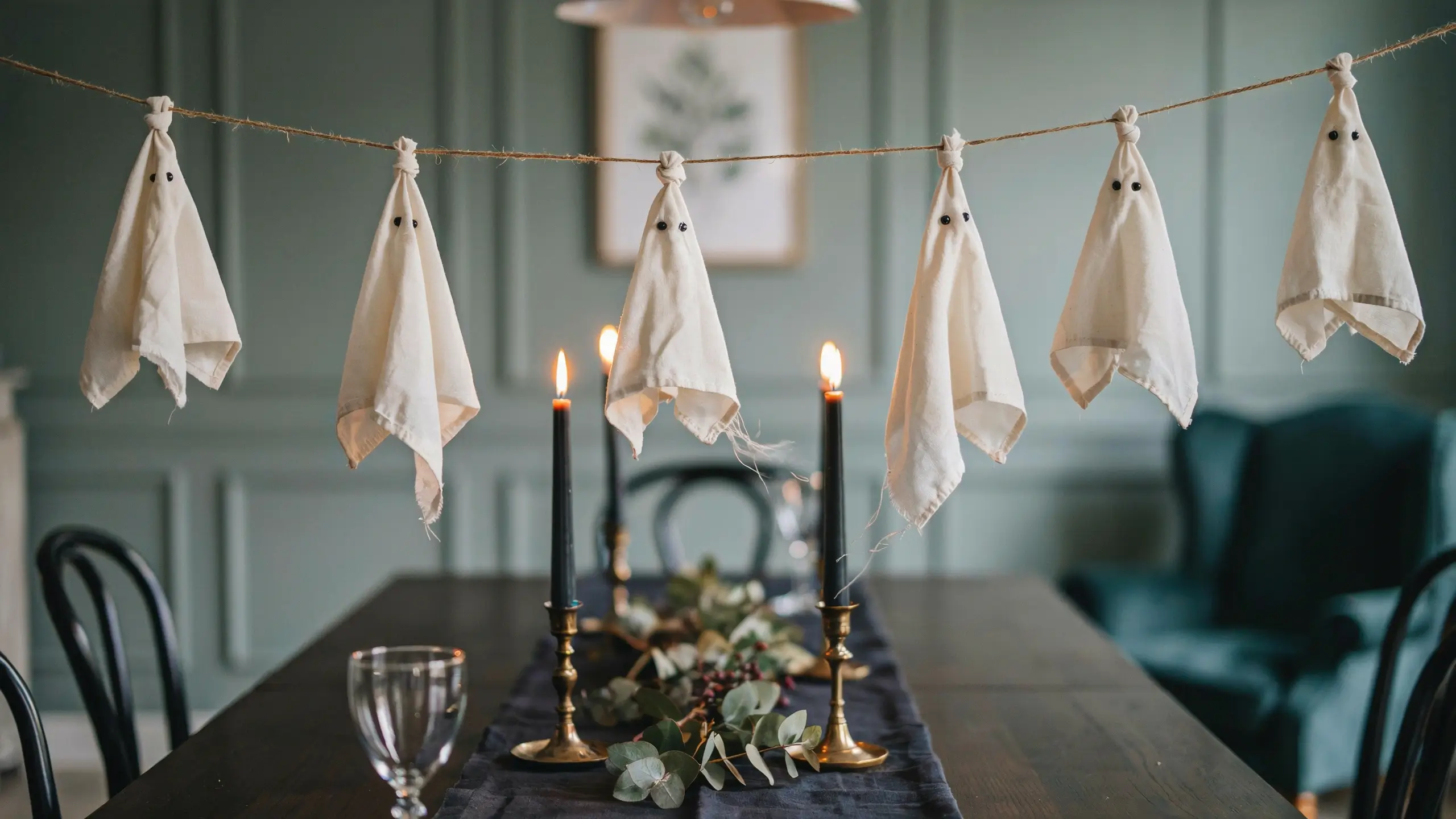Moody Halloween dining room decor with a DIY cloth ghost garland, black taper candles in brass holders, and a navy table runner with eucalyptus. 