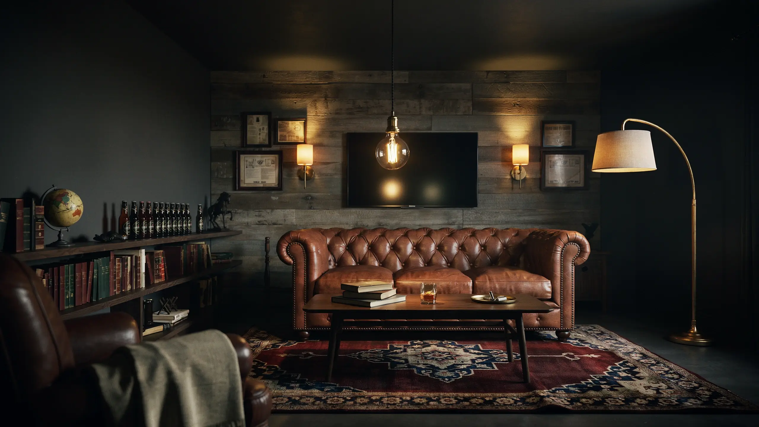 Warm, bar-inspired ambient lighting transforming a moody industrial living room, featuring a distressed wood accent wall, brown leather tufted Chesterfield sofa, amber Edison bulb pendant lamp, and dark shelving displaying bottles and vintage books