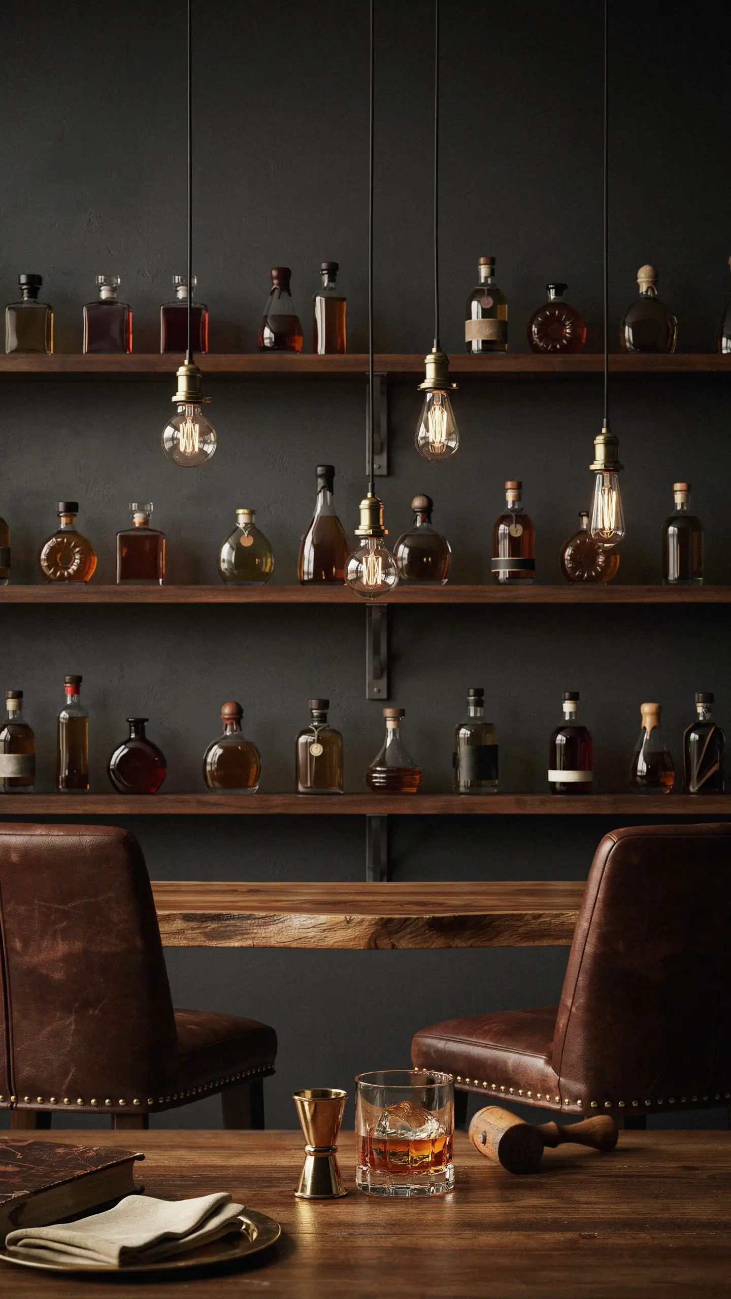 Dark, moody whiskey bar setting featuring a glass of iced bourbon on a wooden table alongside a brass jigger, a wooden muddler, and an antique book. In the background, brown leather bar chairs with brass studs sit beneath three hanging exposed Edison pendant lights, illuminating dark wooden shelves stocked with various liquor bottles against a matte black wall. 