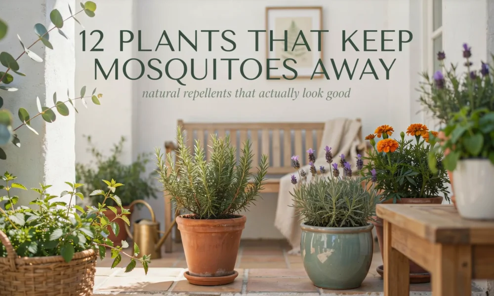 A beautiful outdoor patio setting featuring potted rosemary, lavender, marigolds, and mint plants serving as natural mosquito repellents, with a text overlay reading "12 Plants That Keep Mosquitoes Away".