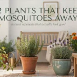A beautiful outdoor patio setting featuring potted rosemary, lavender, marigolds, and mint plants serving as natural mosquito repellents, with a text overlay reading "12 Plants That Keep Mosquitoes Away".