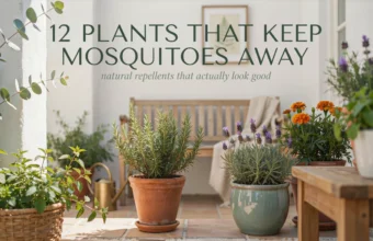 A beautiful outdoor patio setting featuring potted rosemary, lavender, marigolds, and mint plants serving as natural mosquito repellents, with a text overlay reading "12 Plants That Keep Mosquitoes Away".