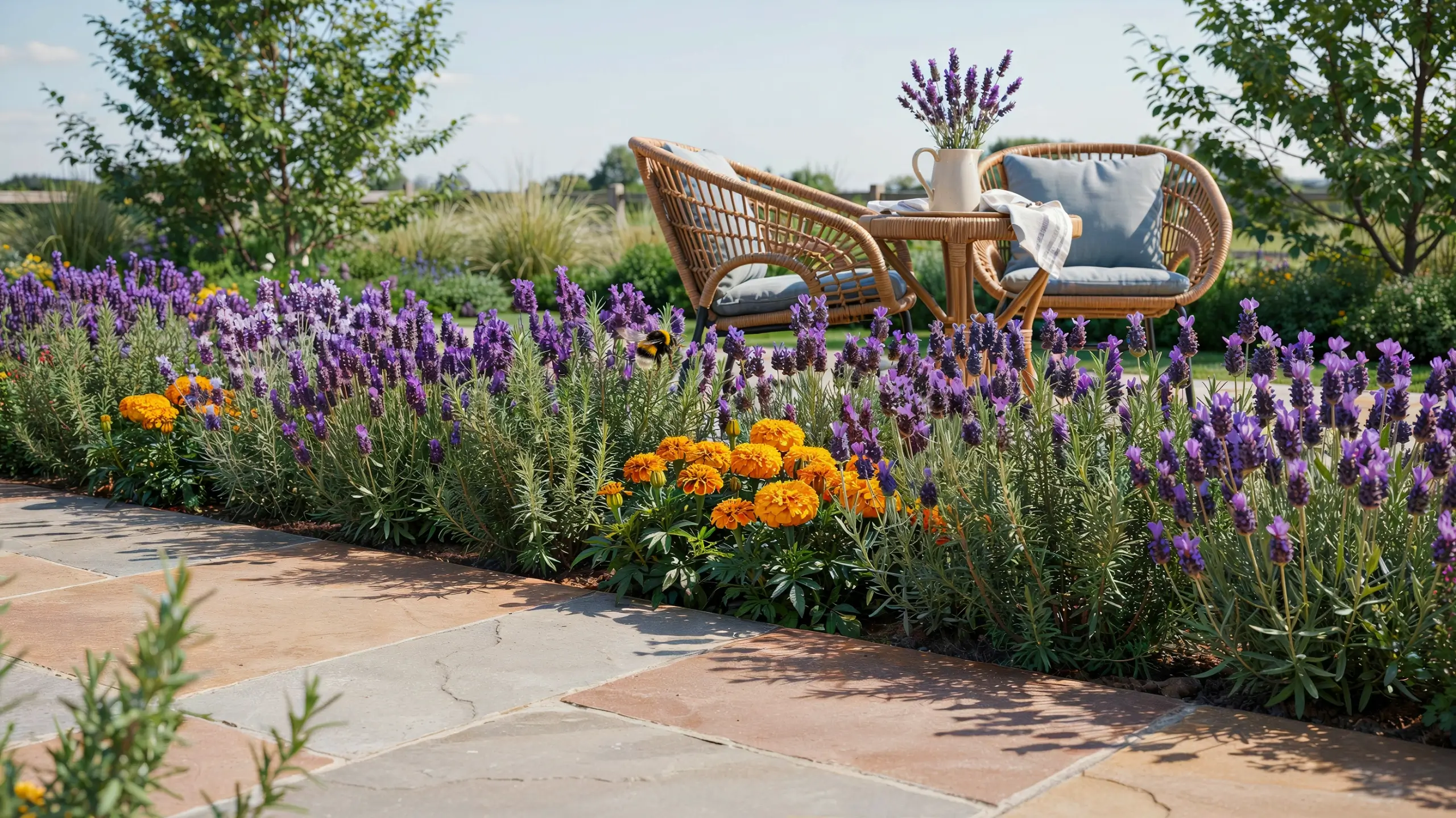 Purple lavender and orange marigolds planted as a natural mosquito-repellent border along the stone patio edge of a garden seating area with wicker chairs and a table. 