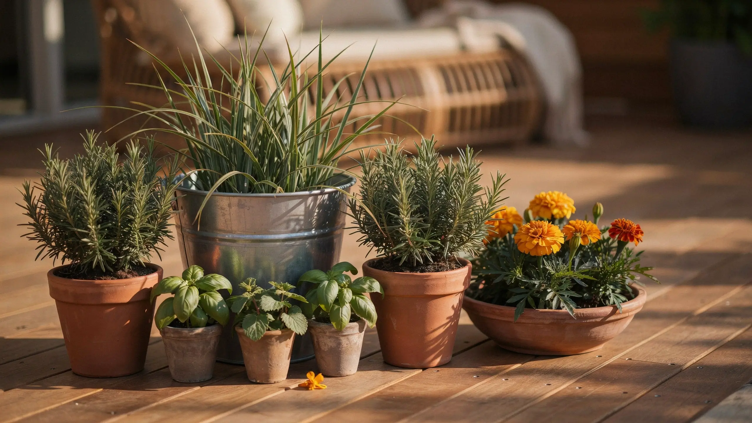 Potted mosquito-repellent plants like rosemary, lemongrass, basil, mint, and marigolds arranged on a sunny wooden outdoor deck. 
