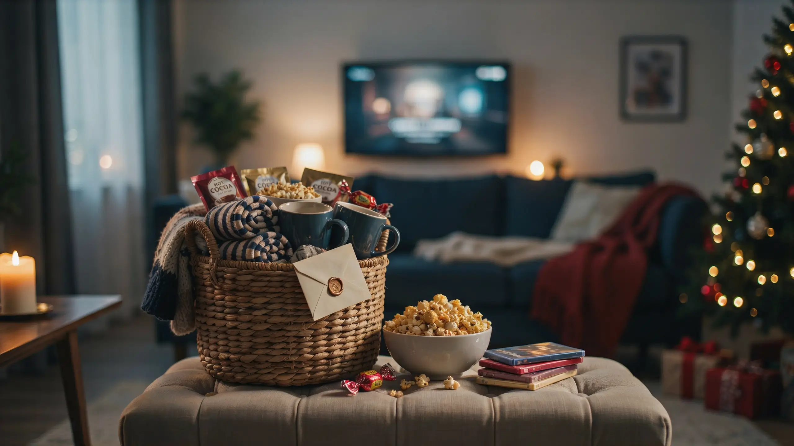 Movie marathon family basket with popcorn, cocoa, mugs, blankets, candy and DVDs in a cozy Christmas living room