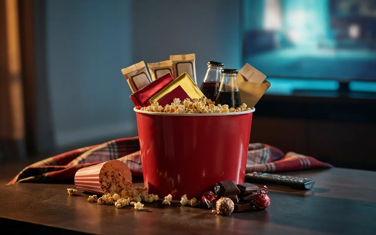 Movie night gift basket filled with popcorn, chocolate, candy, soda bottles, and snack packs.