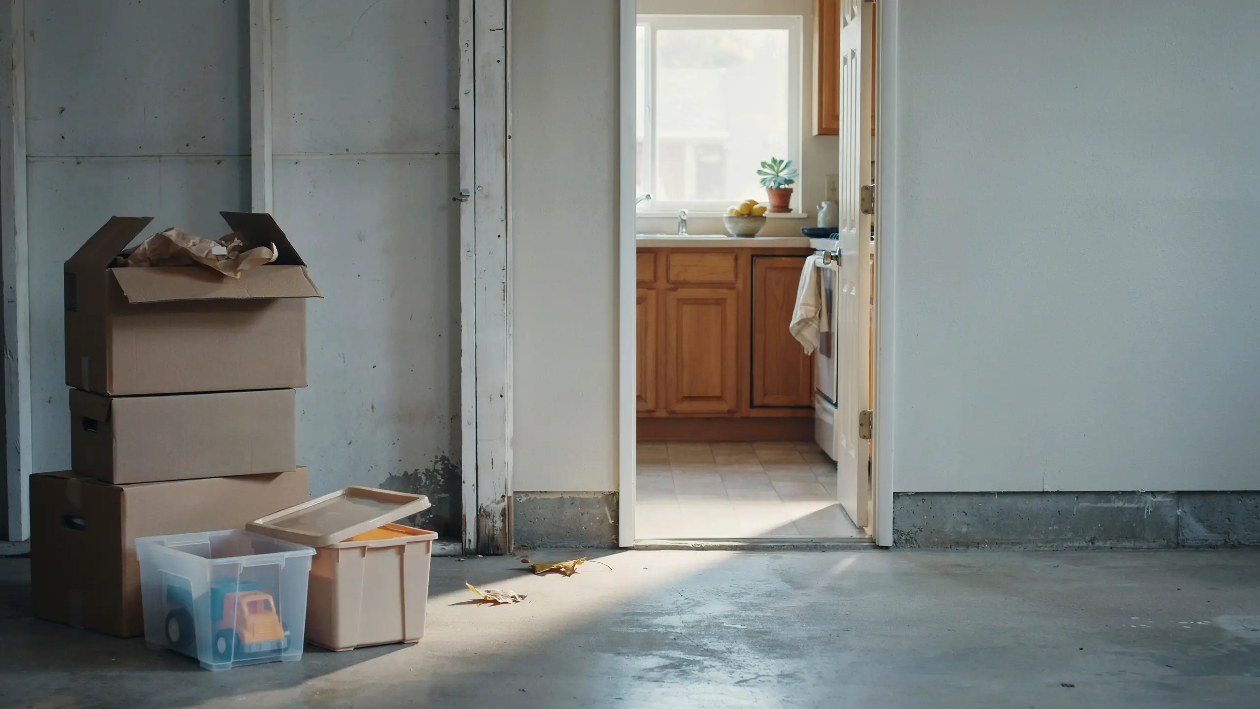 Stacked cardboard moving boxes and plastic storage bins sit on a concrete floor in front of an open door leading to a sunlit kitchen, symbolizing the process of packing, decluttering, and letting go of non-essential tasks to focus on what truly matters. 