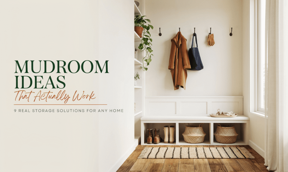 Modern mudroom ideas with bench storage, hooks, baskets, boots, and warm entryway decor.