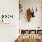 Modern mudroom ideas with bench storage, hooks, baskets, boots, and warm entryway decor.