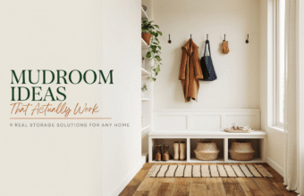 Modern mudroom ideas with bench storage, hooks, baskets, boots, and warm entryway decor.