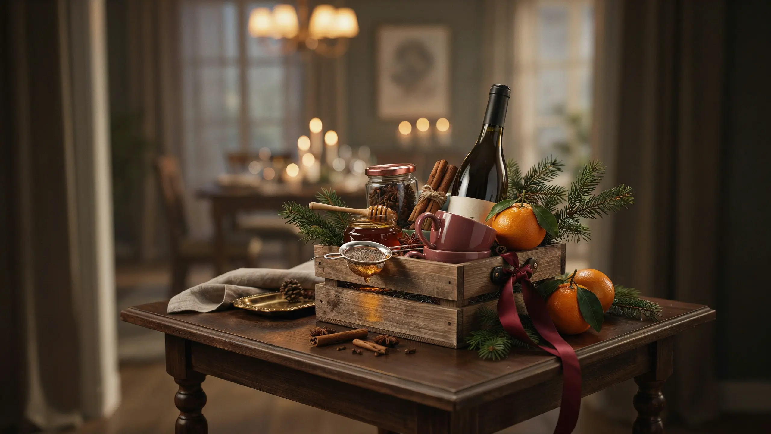 Mulled wine or hot toddy gift basket with wine, mugs, citrus, honey, cinnamon, and holiday greenery.
