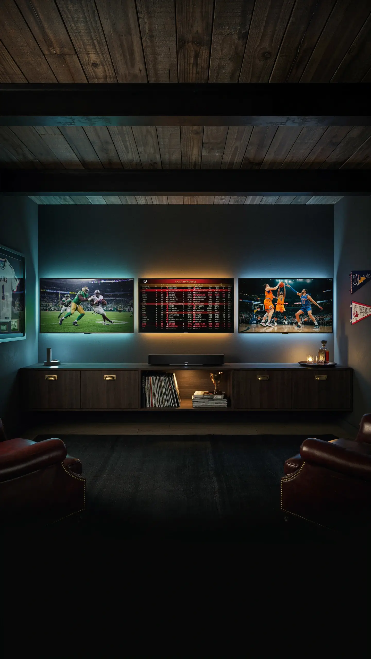 Three-screen sports TV wall mounted on a dark wall with LED backlighting, displaying football, basketball, and a betting stats dashboard, positioned above a wooden media console in a luxury moody man cave. 