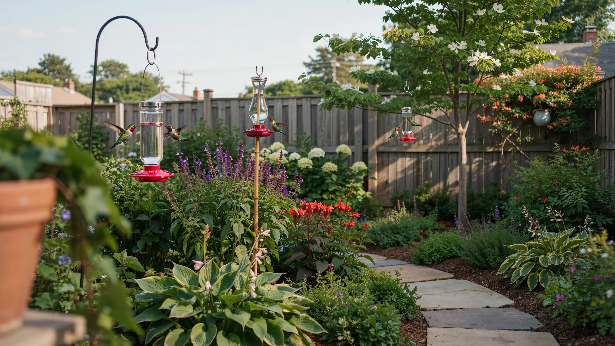 Three clear glass hummingbird feeders with bright red bases hanging from different poles in a lush backyard garden, surrounded by purple salvia, hostas, and a winding stone pathway, with several ruby-throated hummingbirds hovering nearby to feed.