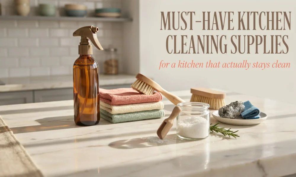Flat lay of must-have kitchen cleaning supplies including an amber glass spray bottle, wooden scrub brushes, baking soda, and reusable cloths on a marble counter.