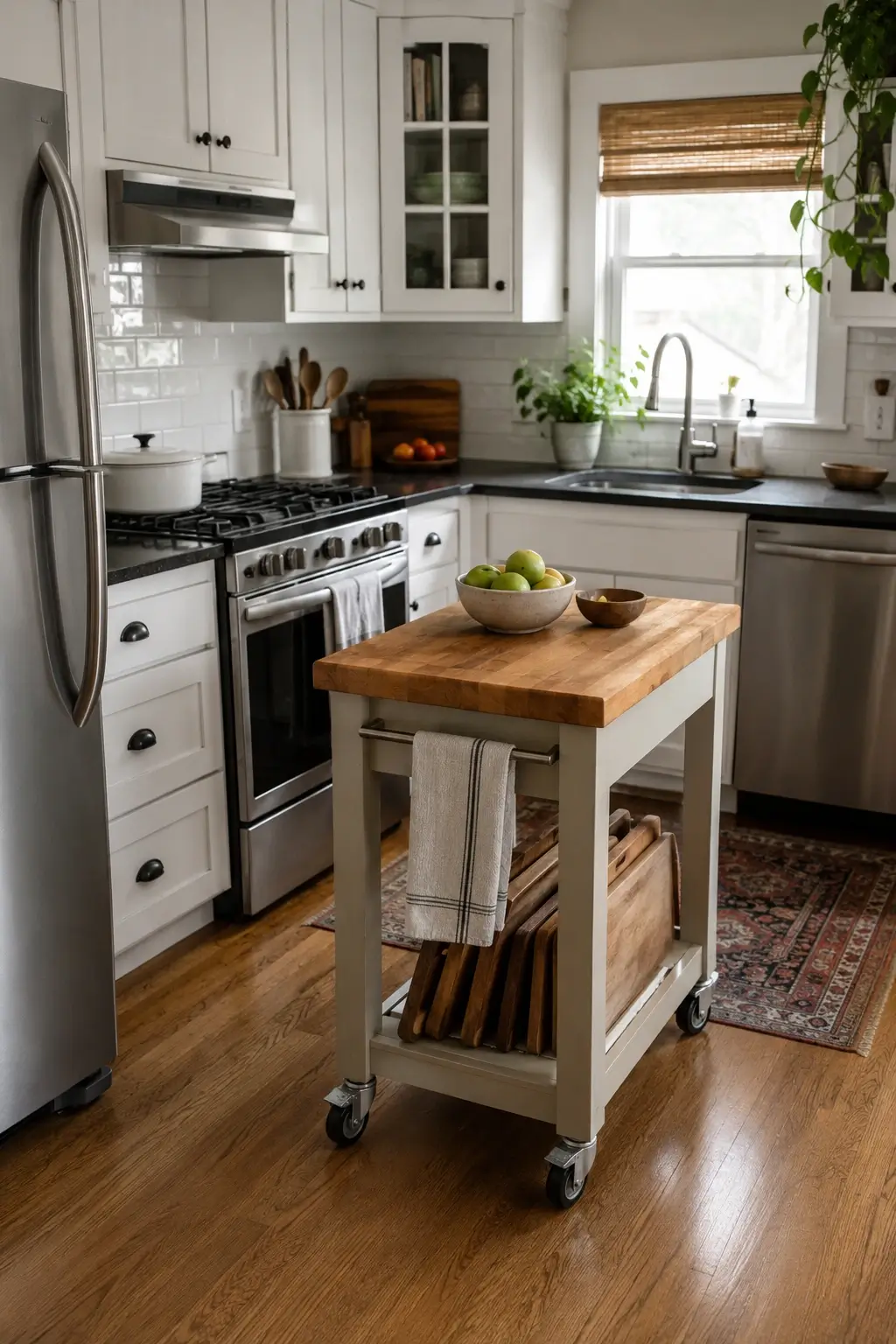Narrow 30-inch rolling island with butcher block top adds flexible prep space in a small L-shaped kitchen.