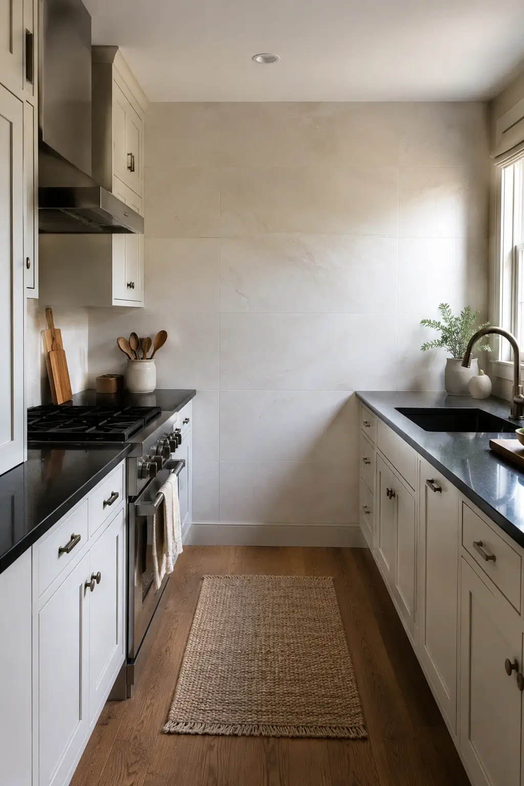 Narrow galley kitchen with large-format light tile wall, dark granite counters, and white shaker cabinets.