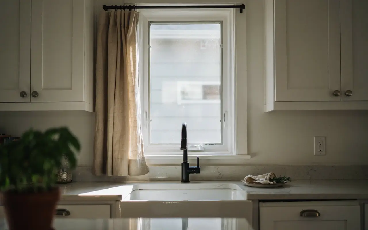 Narrow kitchen sink window with one slim beige curtain panel on a thin black rod between cream cabinets.
