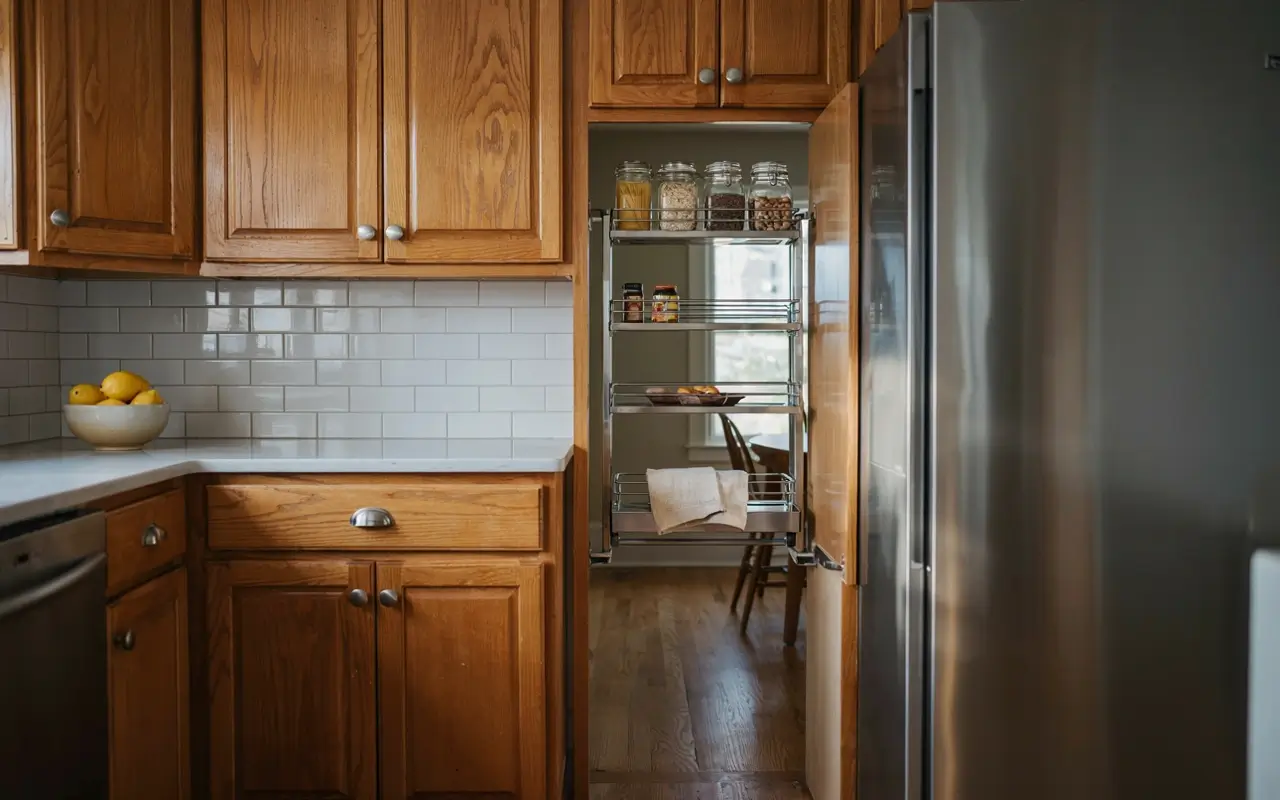 Narrow pull-out pantry beside a stainless fridge in a warm hickory kitchen with white subway tile backsplash.