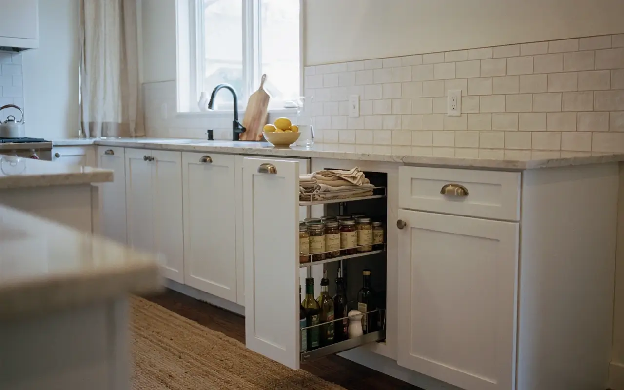 Narrow pull-out pantry in a white kitchen peninsula storing jars, towels, and oil bottles.