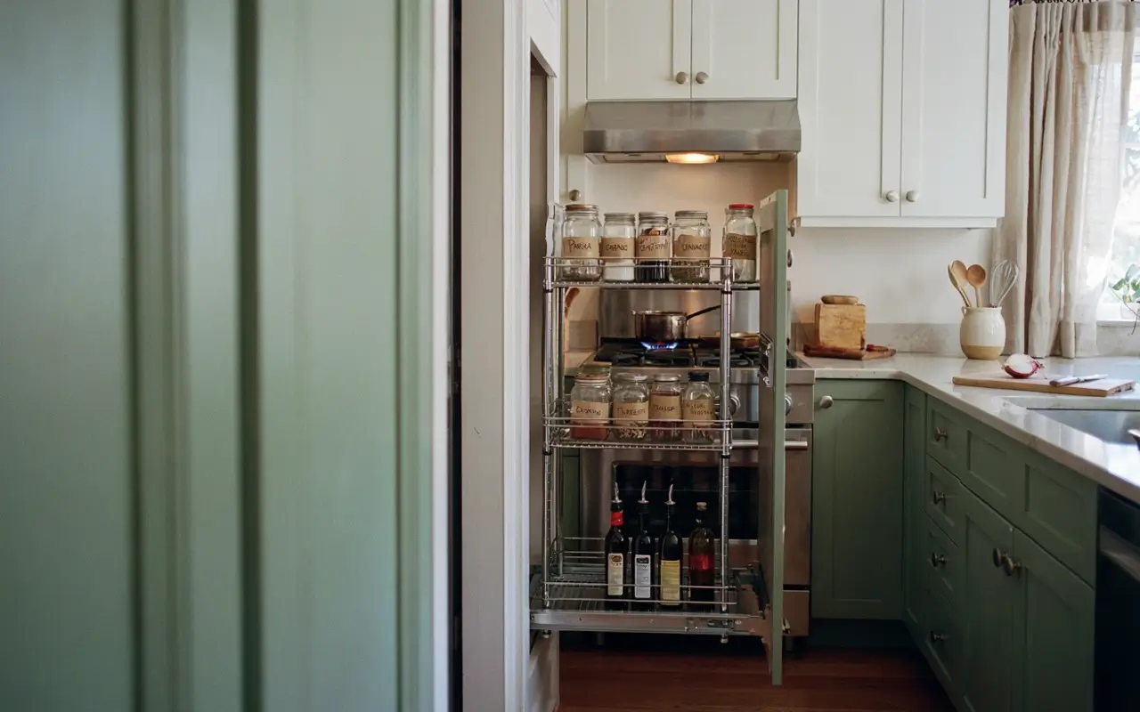 Narrow pull-out spice cabinet beside the range in a small sage green L-shaped kitchen.