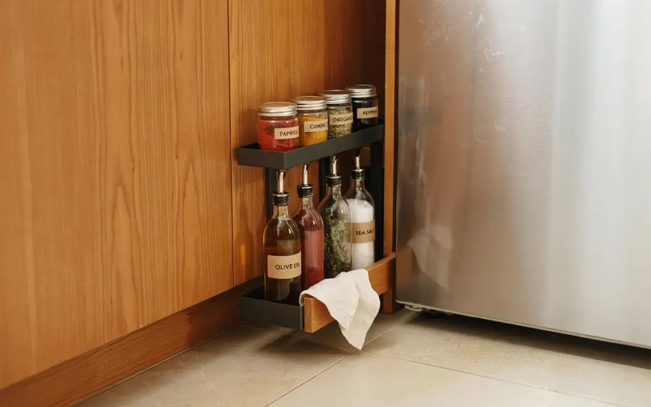 Narrow pull-out spice rack with jars and oil bottles beside a stainless fridge in a warm wood kitchen.
