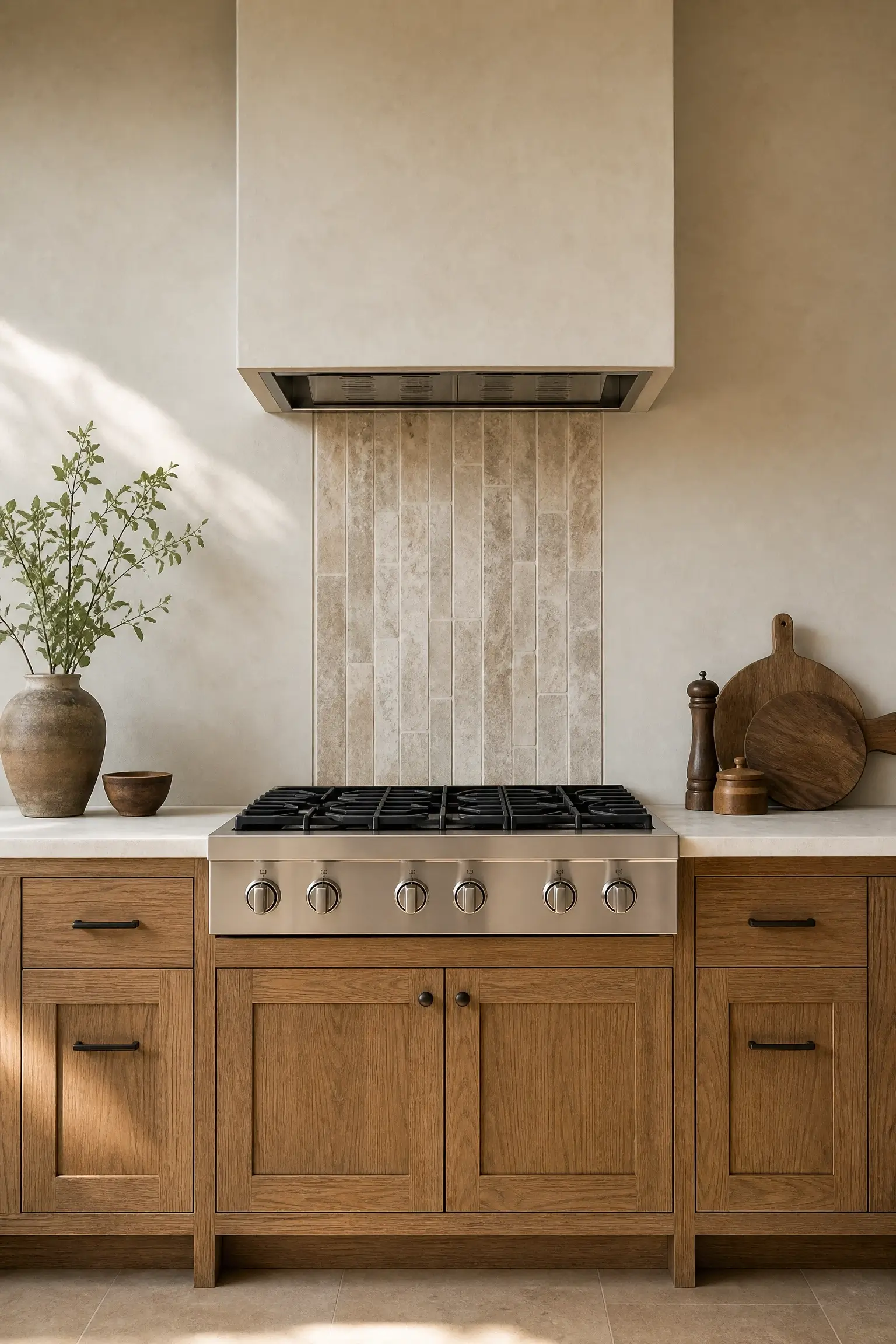 Narrow vertical tile strip behind a stove in a warm wood kitchen with plaster walls and white countertops.