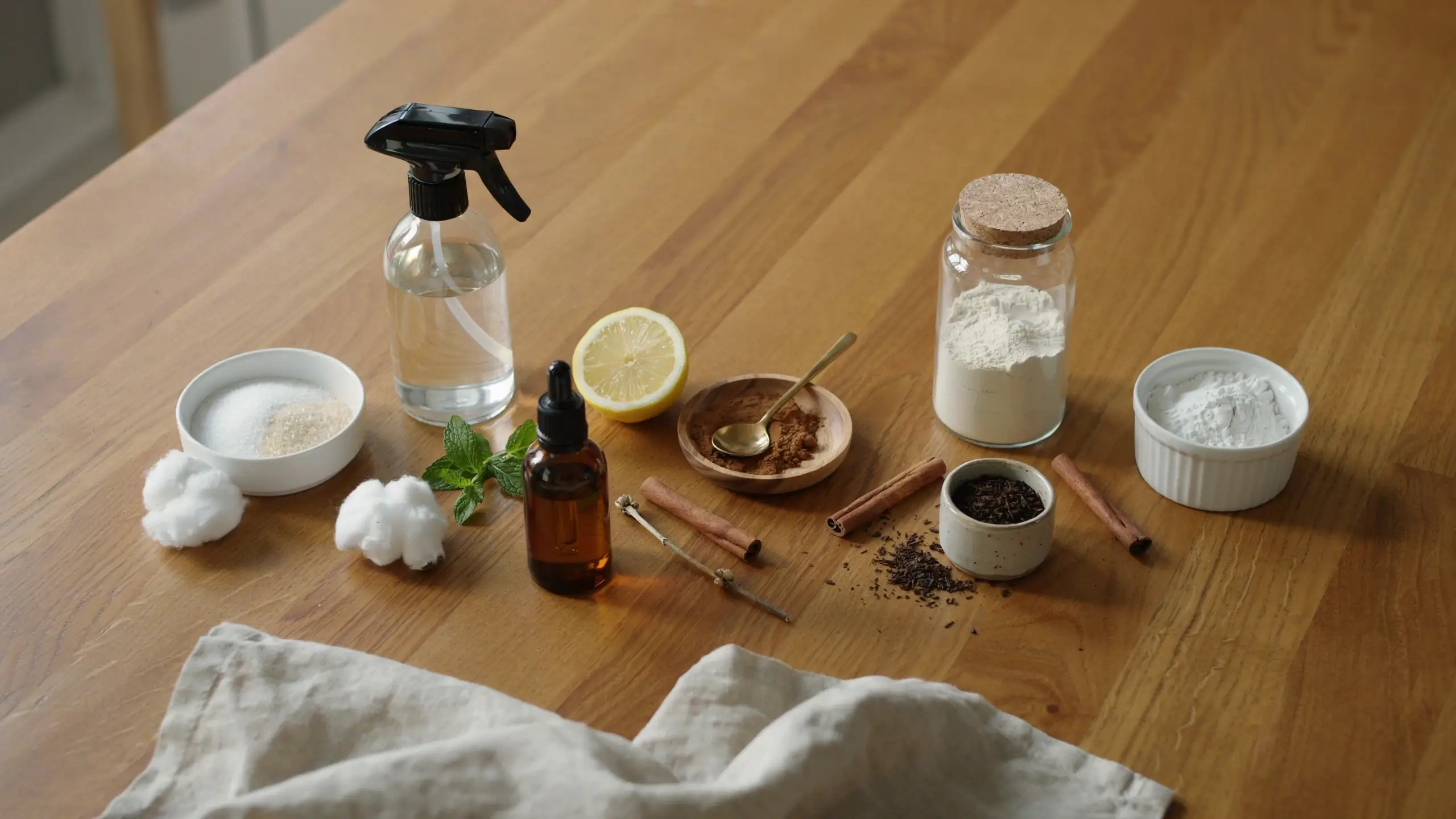 Baking soda, cinnamon sticks, lemon halves, fresh mint, and essential oil arranged on a wooden table for a DIY natural ant killer recipe.