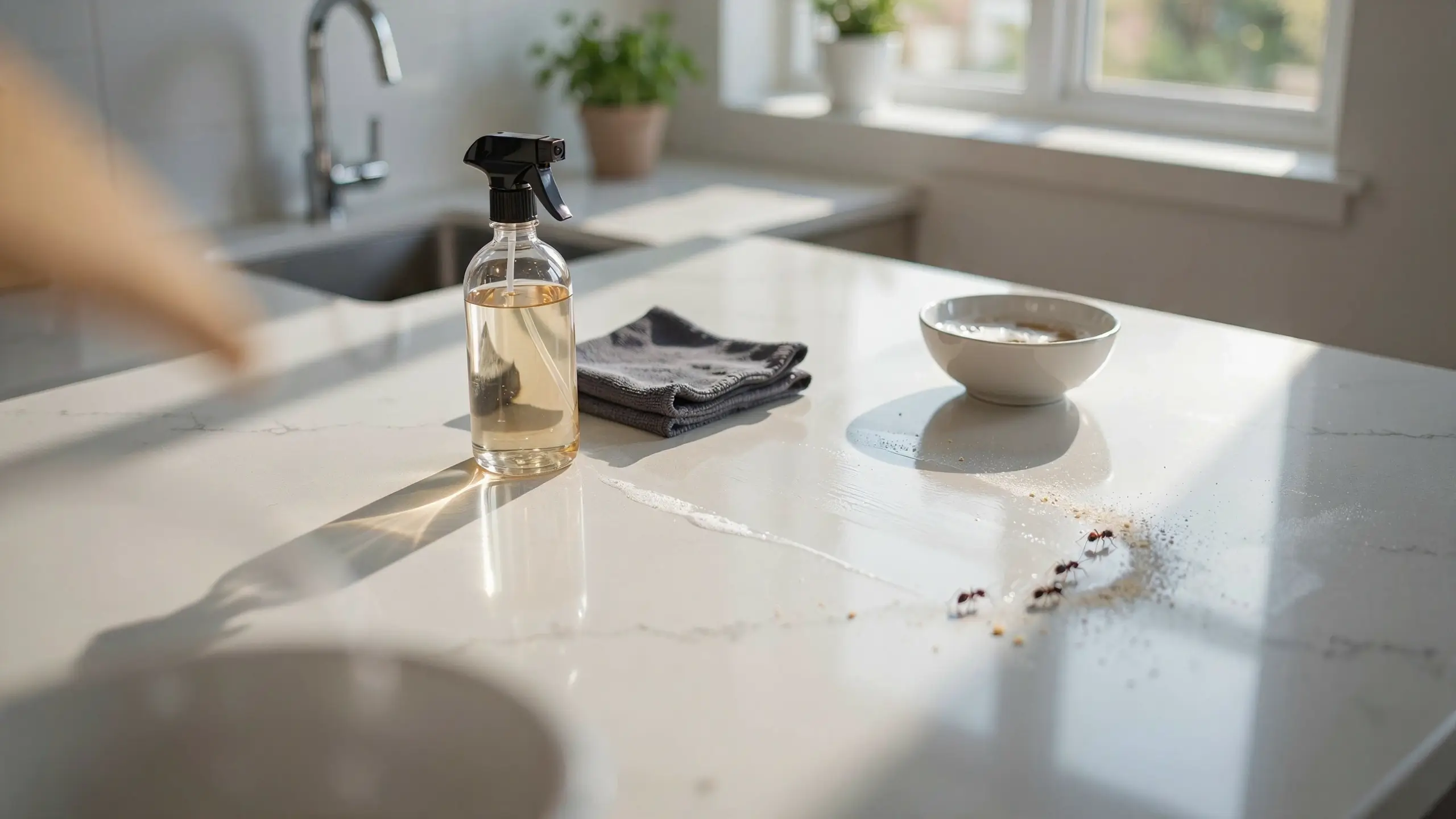A person cleaning an ant trail and food crumbs on a white marble kitchen counter using a natural DIY spray bottle and a grey microfiber cloth.