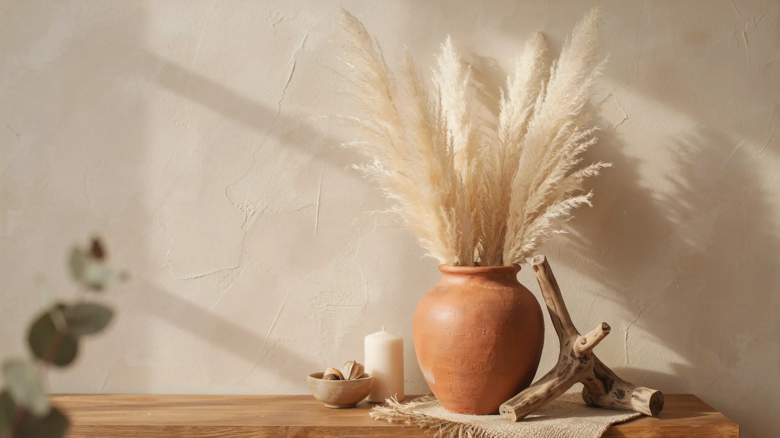 Terracotta vase filled with dried pampas grass beside driftwood on a wooden table in a warm boho room.
