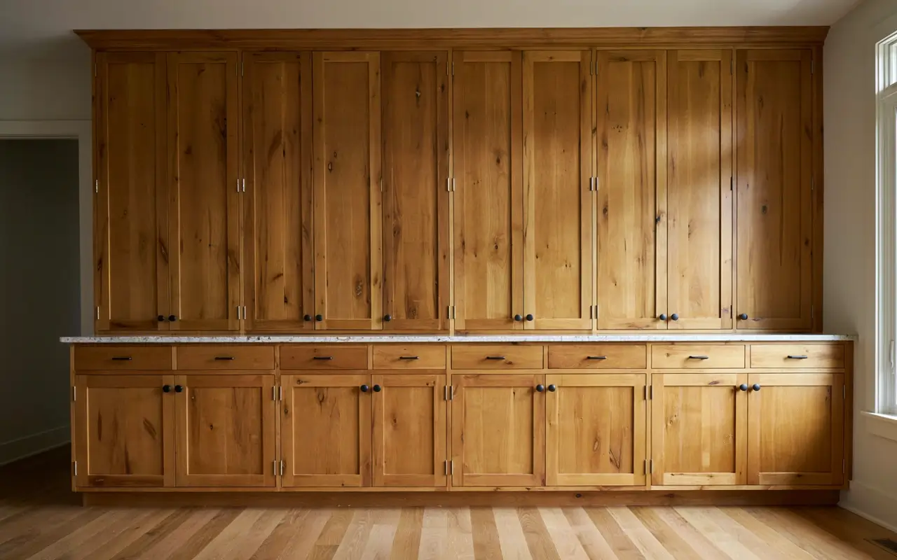 Natural hickory kitchen cabinets with simple black hardware and a long stone countertop in a bright kitchen.
