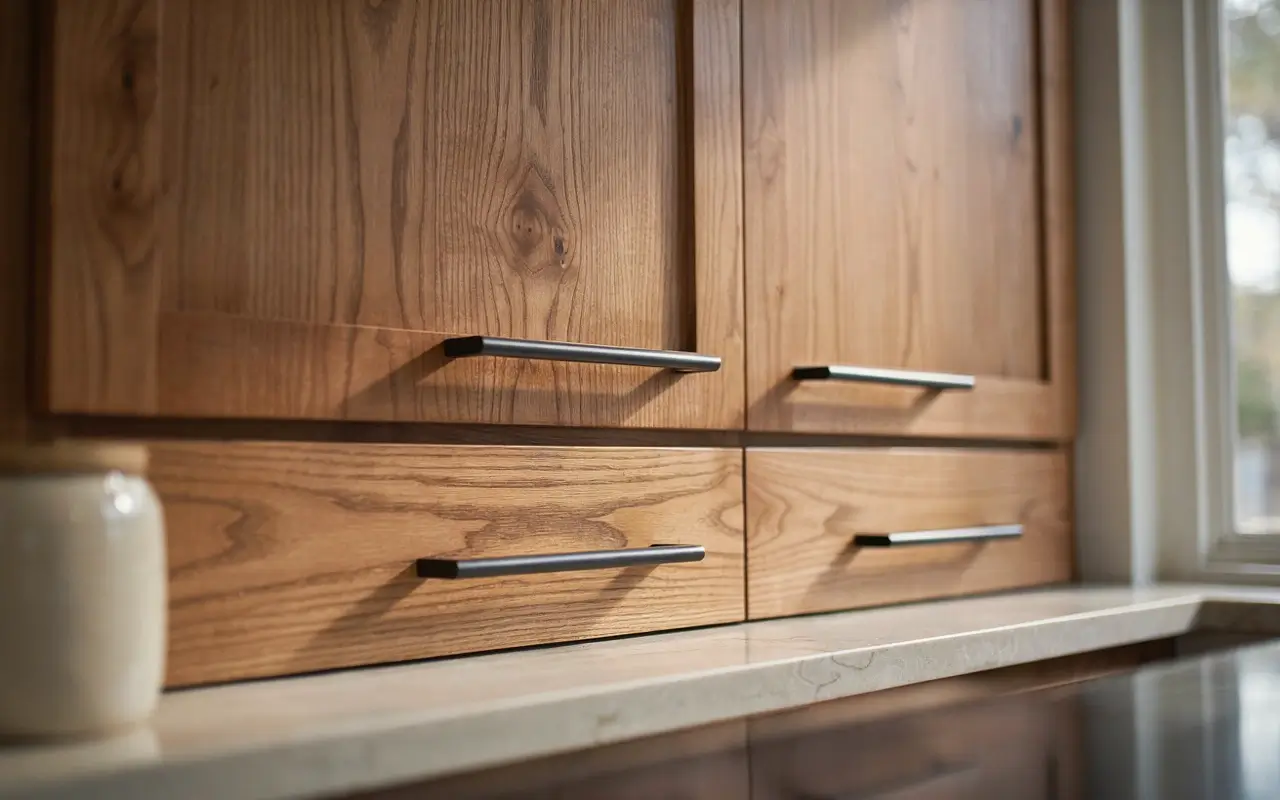 Natural hickory kitchen cabinet drawers with slim black bar pulls and cream countertop