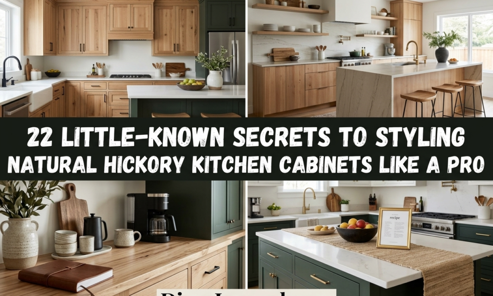 Natural hickory kitchen cabinets with green accents, white counters, open shelves, and styling ideas.