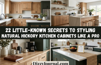 Natural hickory kitchen cabinets with green accents, white counters, open shelves, and styling ideas.