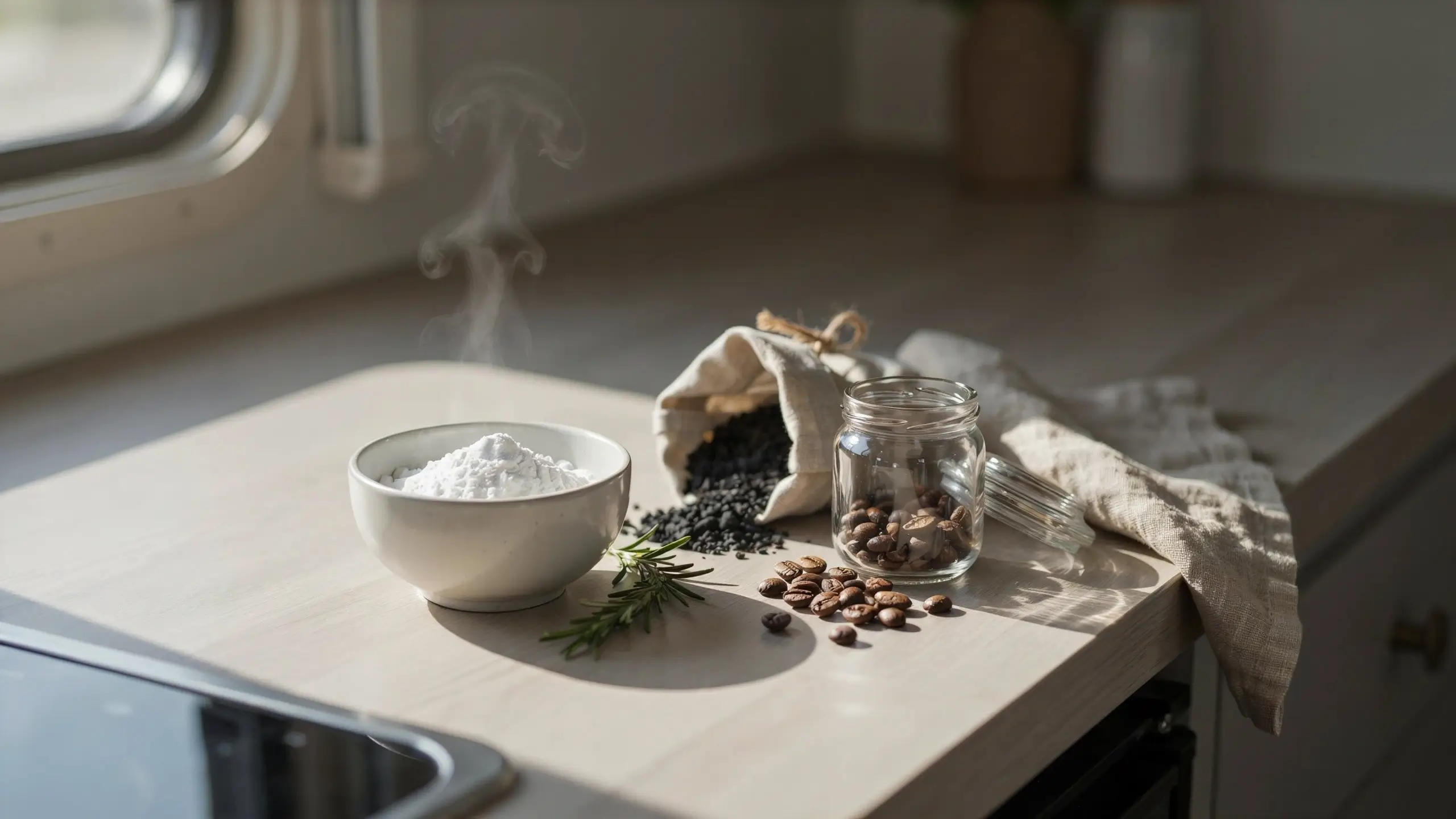Steaming white bowl of baking soda, coffee beans, and black charcoal granules on a wooden countertop as natural room odor absorbers. 