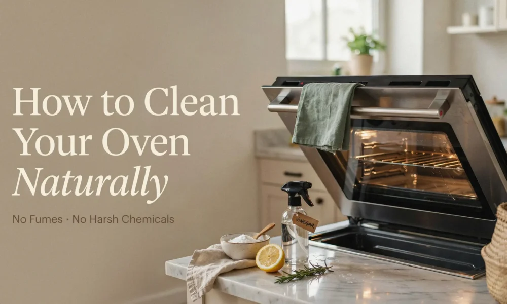 Baking soda, lemon, and vinegar spray on a marble countertop used for eco-friendly natural oven cleaning.