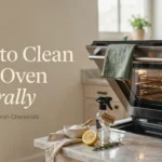 How to Clean Your Oven Naturally (No Fumes, No Harsh Chemicals, Just a Sparkling Oven) Baking soda, lemon, and vinegar spray on a marble countertop used for eco-friendly natural oven cleaning.