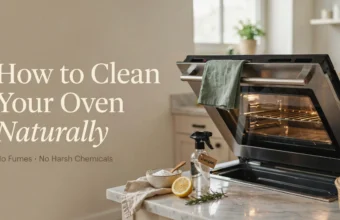 Baking soda, lemon, and vinegar spray on a marble countertop used for eco-friendly natural oven cleaning.